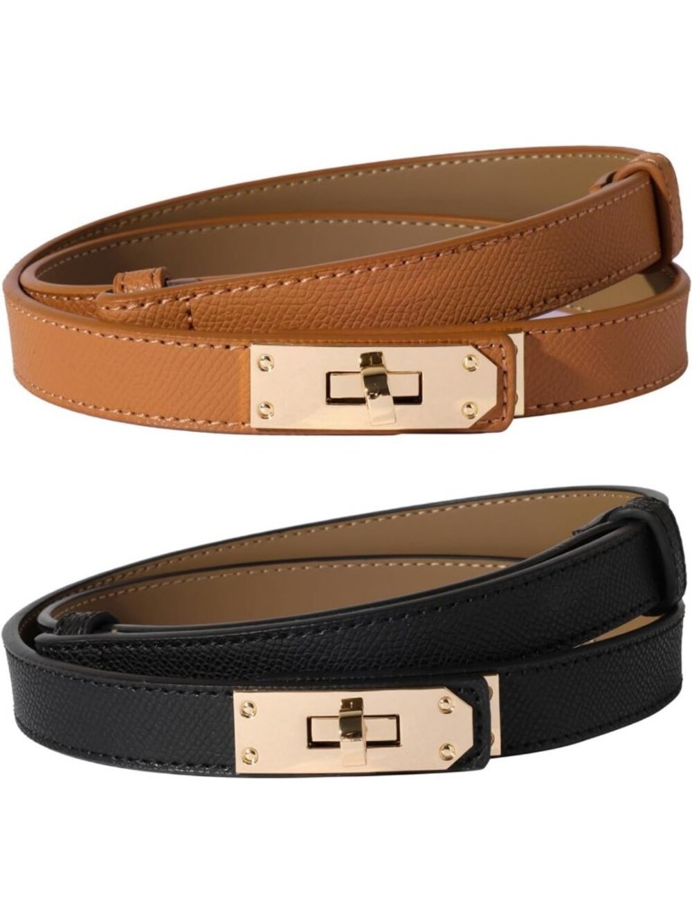 Skinny Leather Belt for Women - Adjustable Solid Color Alloy Turn Lock for